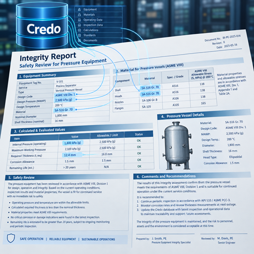 The Credo data platform &mdash; equipment, materials, operating data, inspection data, calculations, standards and documents &mdash; merged into a formatted integrity report for pressure equipment
