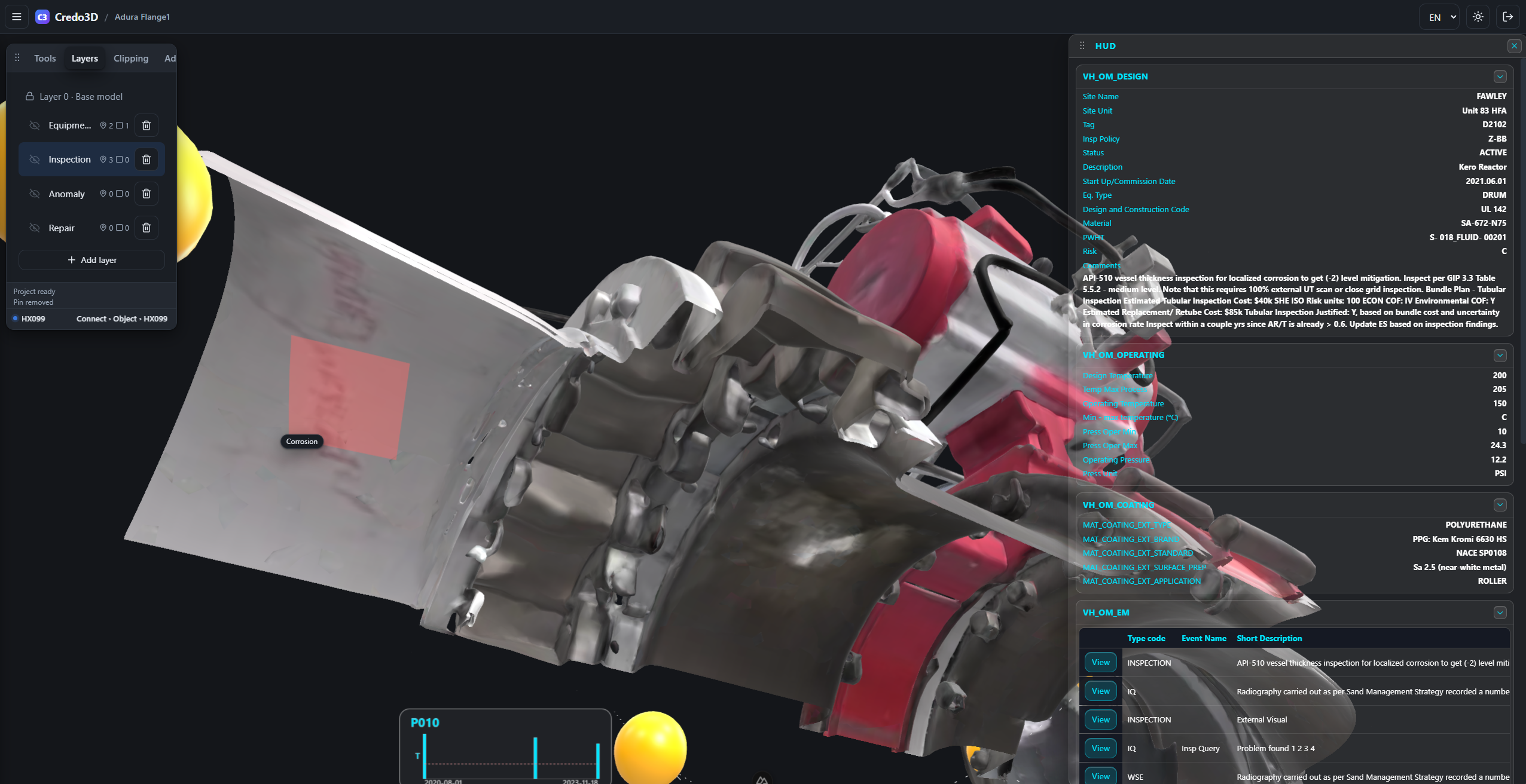 Screenshot of highlighted defect areas on the model interior