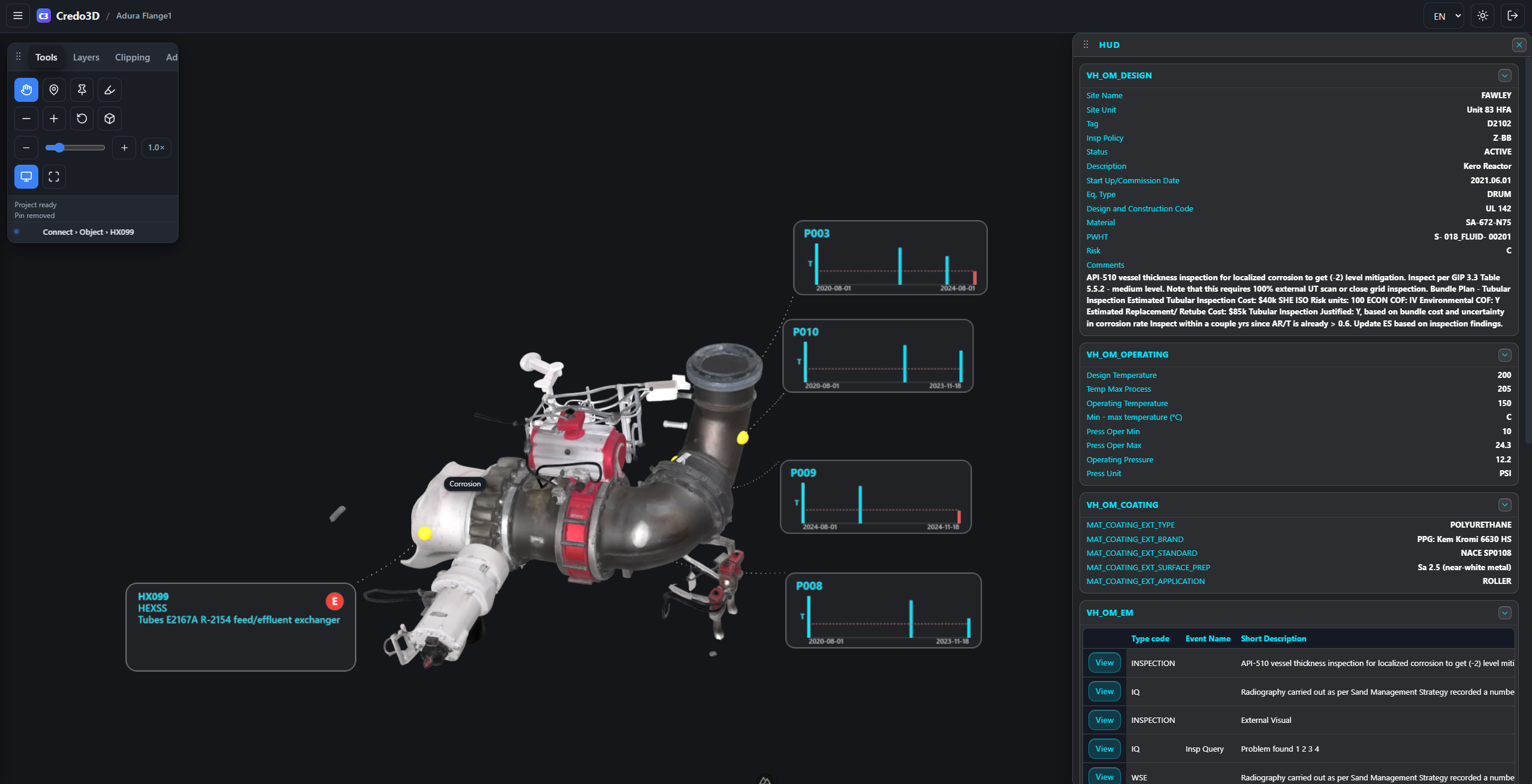 Screenshot of risk data shown for an equipment feature