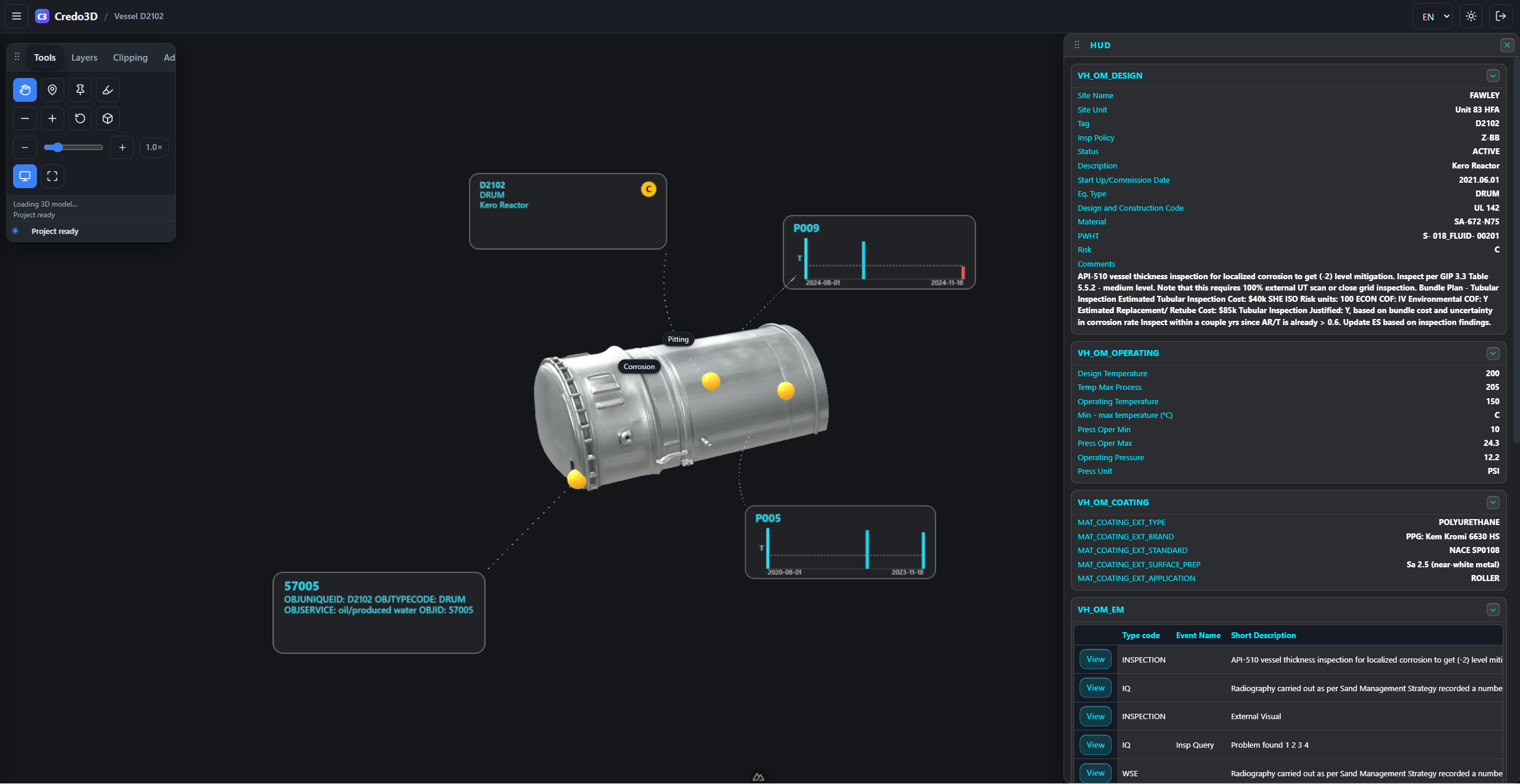 Screenshot of the Heads-Up Display over the 3D model